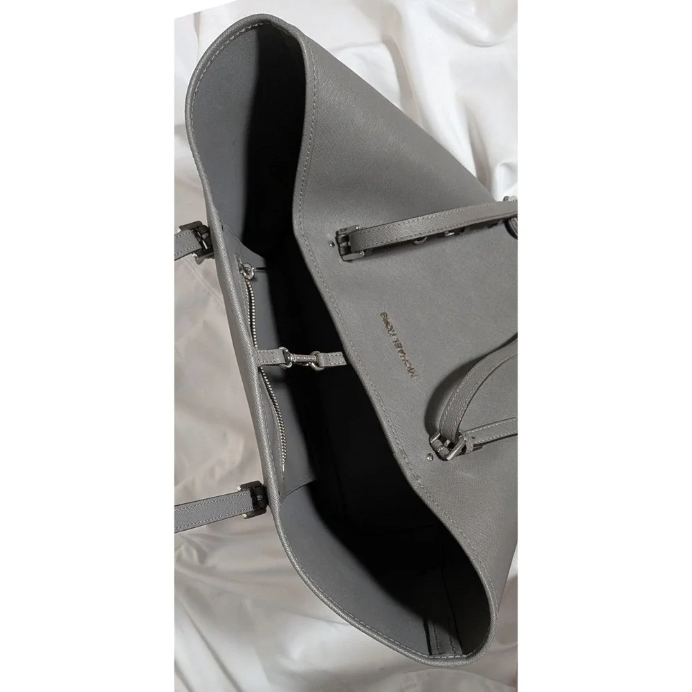 Michael Kors Jet Set Travel Tote Grey Saffiano Leather Large Shoulder Bag Silver